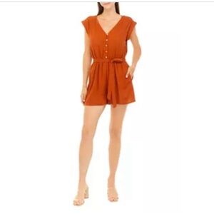 NWT Luxology Orange Button-Up Romper Waist Tie  L